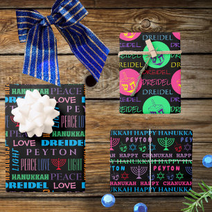 Happy Hanukkah Colorful Childs Name Typography Wrapping Paper Sheet
