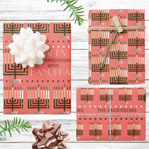 Happy Hanukkah Colourful Menorah Coral Pattern Wrapping Paper Sheet