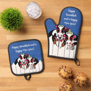 Happy Hanukkah Cows Oven Mitt & Pot Holder Set