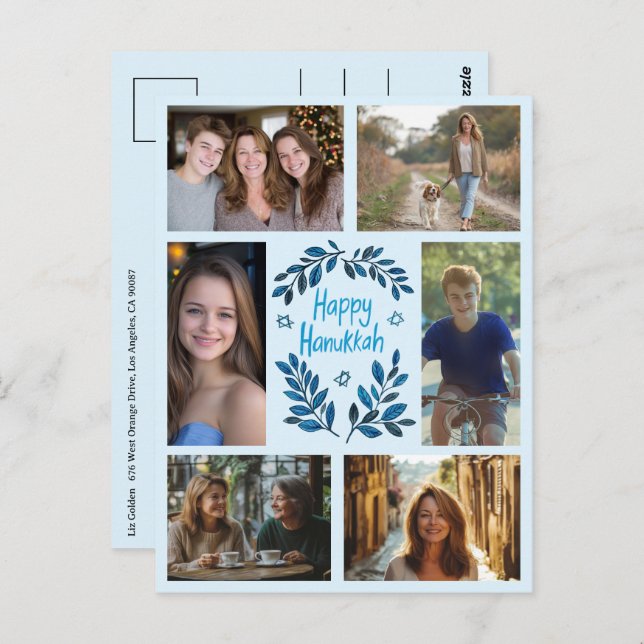 HAPPY HANUKKAH CUSTOM 6 PHOTO Holiday Postcard (Front/Back)