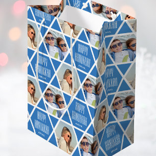 Happy Hanukkah Custom Name Photos Star Blue Medium Gift Bag