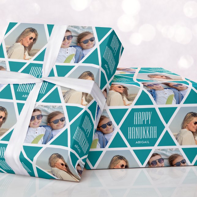 Happy Hanukkah Custom Name Photos Star Green Wrapping Paper (Creator Uploaded)