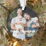 Happy Hanukkah custom photo text modern stripes Ornament<br><div class="desc">Happy Hanukkah modern personalised Hanukkah photo ornament.
Custom photo image or picture with fully customisable white text on front side and diagonal blue gold yellow and cream stripes pattern on the back.



Photo credit freepik</div>