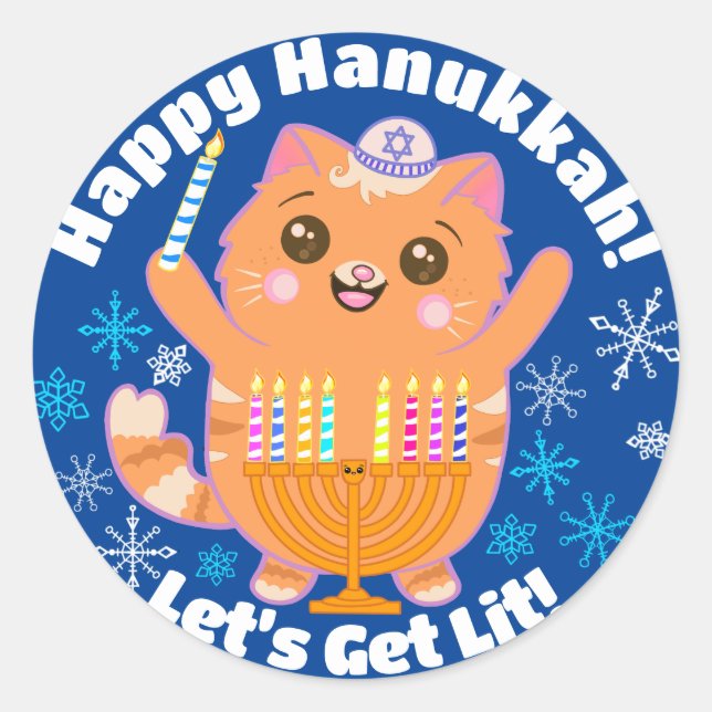 Happy Hanukkah Cute Cat Menorah Stickers  (Front)