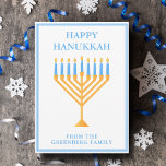 Happy Hanukkah Cute Customisable Menorah Holiday Card<br><div class="desc">Cute custom Happy Hanukkah card for a Jewish family or a Chanukah party with a synagogue. Personalise with your own last name or group information in blue under the pretty blue menorah.</div>