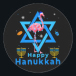 Happy Hanukkah Cute Flamingo Menorah Jewish Proud Classic Round Sticker<br><div class="desc">Happy Hanukkah Cute Flamingo Menorah Jewish Proud</div>
