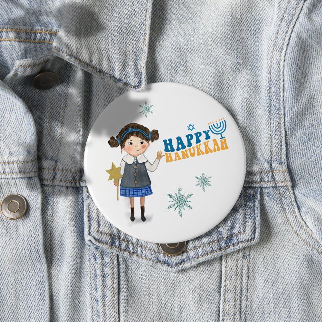 Happy Hanukkah Cute Jewish Girl 10 Cm Round Badge (Happy Hanukkah Cute Jewish Girl Button)