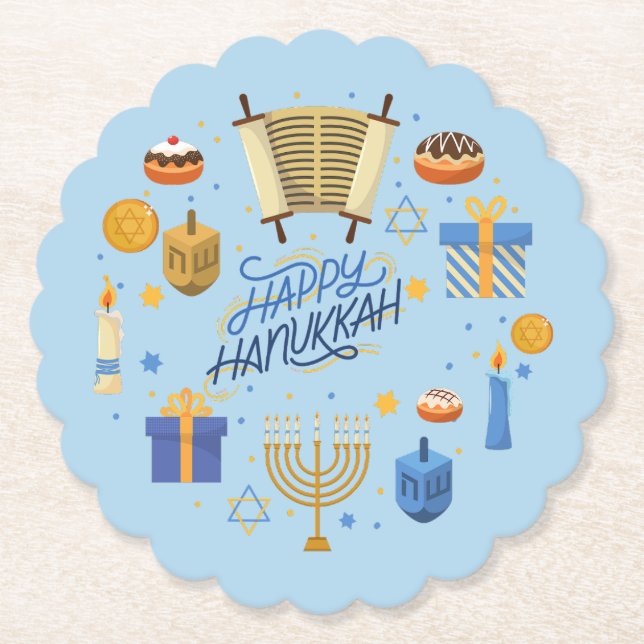 Happy Hanukkah Cute Paper Coaster (Front)