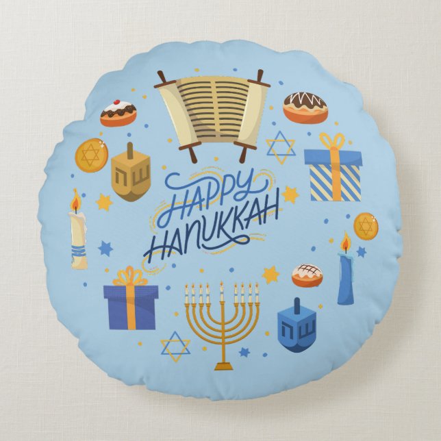 Happy Hanukkah Cute Round Cushion (Front)