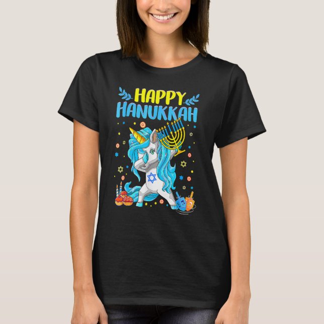 Happy Hanukkah Dabbing Jewish Unicorn Kids Chanuka T-Shirt (Front)