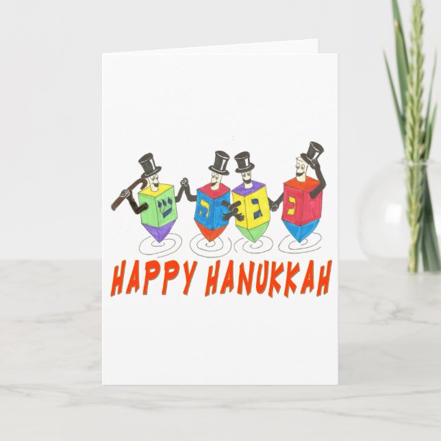 Happy Hanukkah Dancing Dreidels Holiday Card (Front)