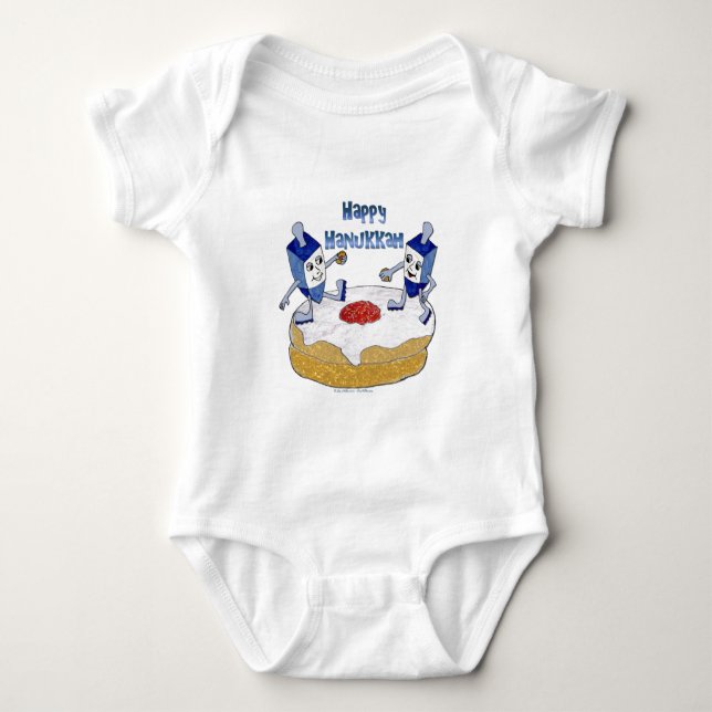 Happy Hanukkah Dancing Dreidels Jelly Doughnut Baby Bodysuit (Front)