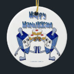 Happy Hanukkah Dancing Dreidels Jelly Doughnut Ceramic Ornament<br><div class="desc">You are viewing The Lee Hiller Design Collection. Apparel,  Gifts & Collectibles Lee Hiller Photography or Digital Art Collection. You can view her Nature photography at http://HikeOurPlanet.com/ and follow her hiking blog within Hot Springs National Park.</div>