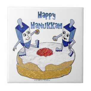 Happy Hanukkah Dancing Dreidels Jelly Doughnut Ceramic Tile
