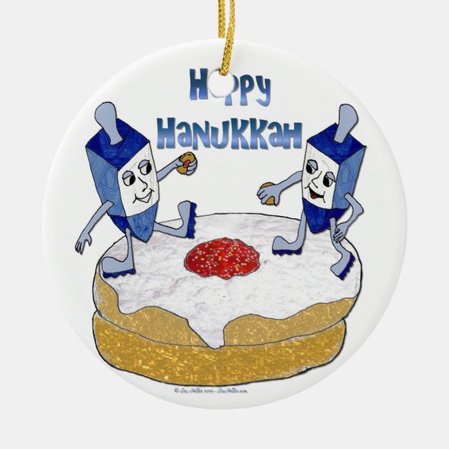 Happy Hanukkah Dancing Dreidels Jelly Doughnut Ceramic Tree Decoration (Front)