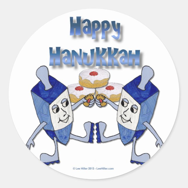 Happy Hanukkah Dancing Dreidels Jelly Doughnut Classic Round Sticker (Front)