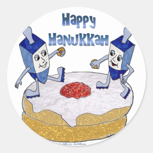Happy Hanukkah Dancing Dreidels Jelly Doughnut Classic Round Sticker (Front)