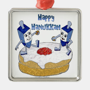 Happy Hanukkah Dancing Dreidels Jelly Doughnut Metal Ornament