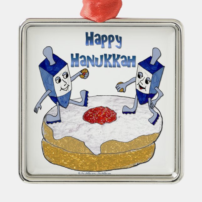 Happy Hanukkah Dancing Dreidels Jelly Doughnut Metal Ornament (Front)