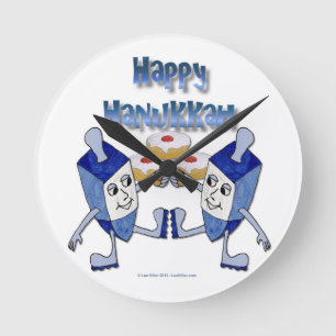 Happy Hanukkah Dancing Dreidels Jelly Doughnut Round Clock