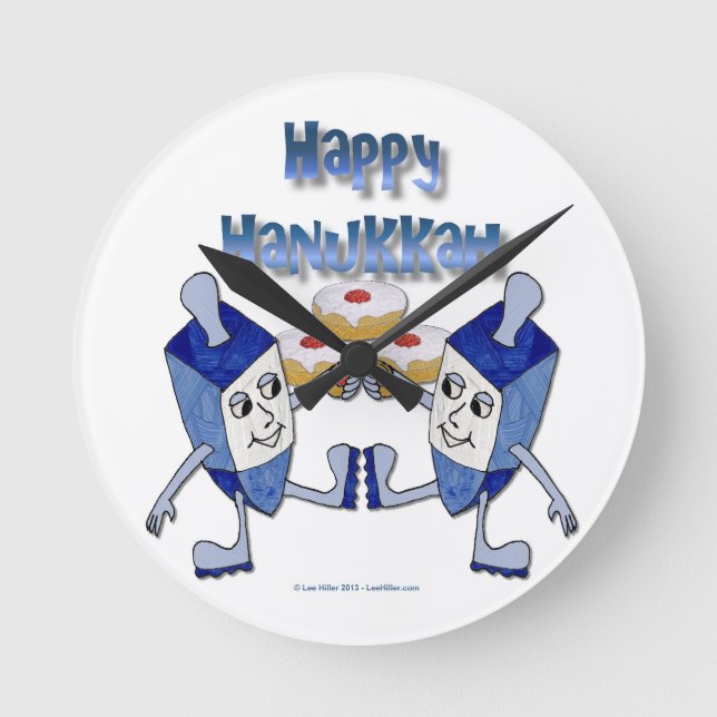 Happy Hanukkah Dancing Dreidels Jelly Doughnut Round Clock (Front)