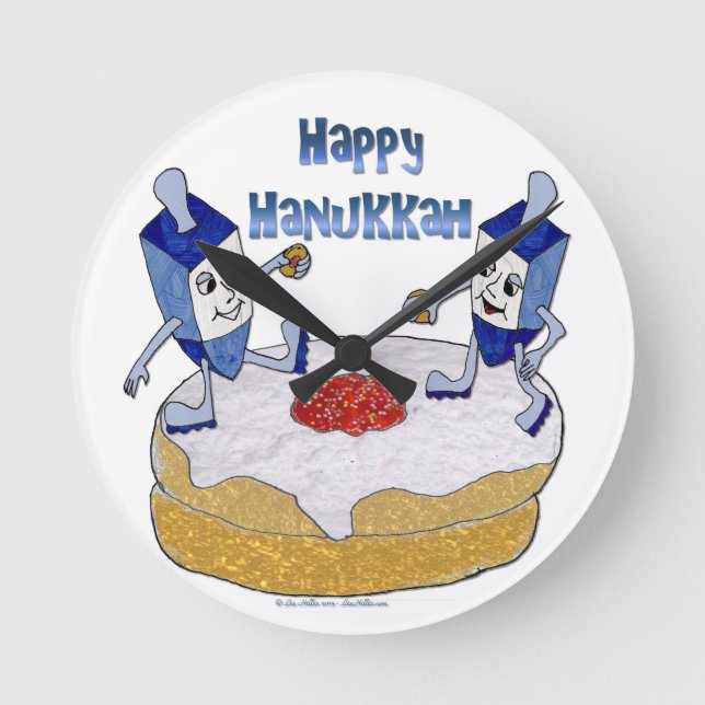Happy Hanukkah Dancing Dreidels Jelly Doughnut Round Clock (Front)