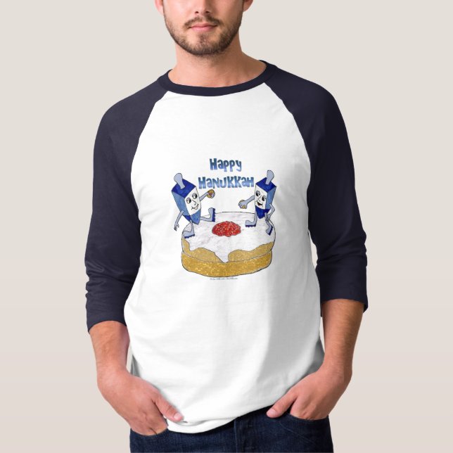 Happy Hanukkah Dancing Dreidels Jelly Doughnut T-Shirt (Front)