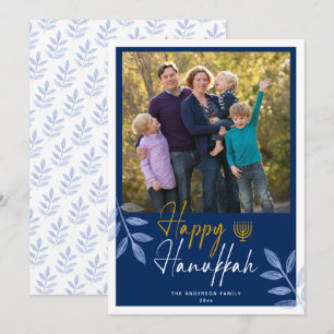 Happy Hanukkah Dark Blue Photo Holiday Card