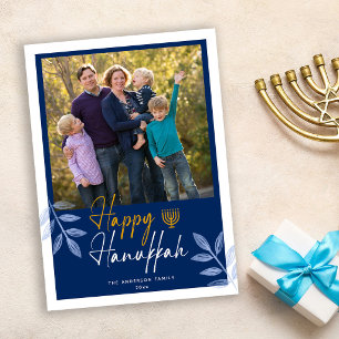 Happy Hanukkah Dark Blue Photo Holiday Card