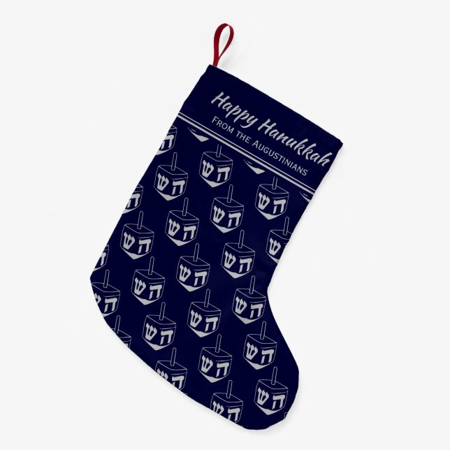 HAPPY HANUKKAH Dreidel Customised DARK BLUE Small Christmas Stocking (Front (Hanging))