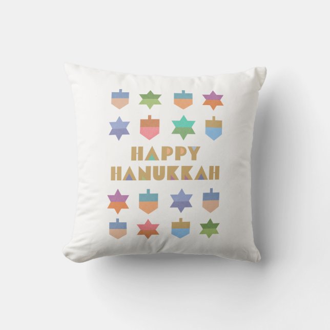Happy Hanukkah Dreidels and Stars Cushion (Front)