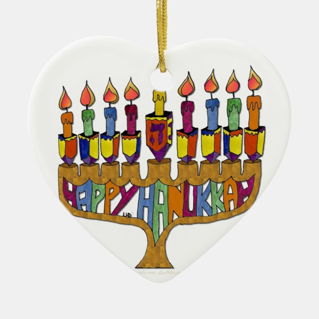 Happy Hanukkah Dreidels Menorah Ceramic Ornament (Front)