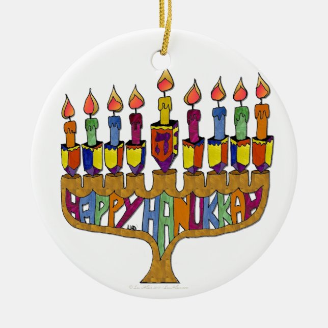 Happy Hanukkah Dreidels Menorah Ceramic Tree Decoration (Front)