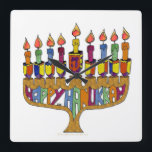 Happy Hanukkah Dreidels Menorah Square Wall Clock<br><div class="desc">You are viewing The Lee Hiller Design Collection. Apparel,  Gifts & Collectibles Lee Hiller Photography or Digital Art Collection. You can view her Nature photography at http://HikeOurPlanet.com/ and follow her hiking blog within Hot Springs National Park.</div>