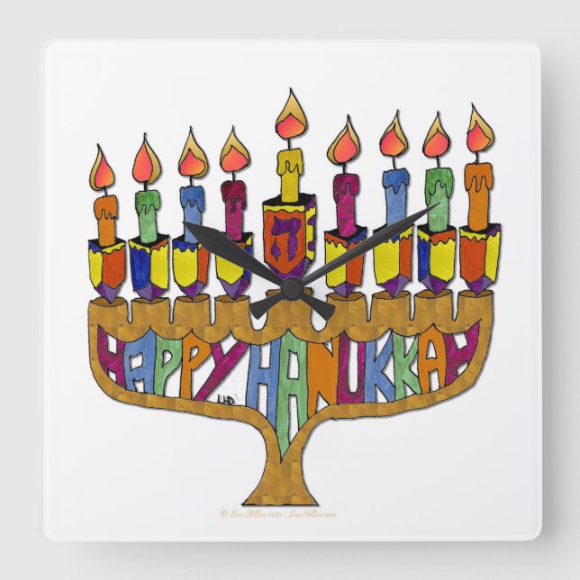Happy Hanukkah Dreidels Menorah Square Wall Clock (Front)