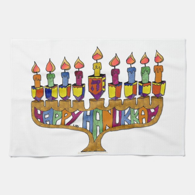 Happy Hanukkah Dreidels Menorah Tea Towel (Horizontal)