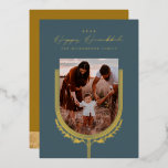Happy Hanukkah Elegant Golden Menorah Photo Arch Foil Holiday Card<br><div class="desc">Happy Hanukkah, send your Hanukkah wishes to your family and friends with our beautiful and elegant customisable gold foil photo card. Our design features our beautiful hand-drawn menorah candle and leaf elements in gold foil decorating the edges of the family arch photo frame. "Happy Hanukkah" is written in a beautiful...</div>