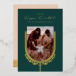 Happy Hanukkah Elegant Golden Menorah Photo Arch Foil Holiday Card<br><div class="desc">Happy Hanukkah, send your Hanukkah wishes to your family and friends with our beautiful and elegant customisable gold foil photo card. Our design features our beautiful hand-drawn menorah candle and leaf elements in gold foil decorating the edges of the family arch photo frame. "Happy Hanukkah" is written in a beautiful...</div>