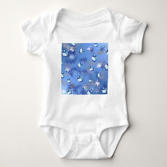 Happy Hanukkah Falling Star and Dreidels Baby Bodysuit (Front)