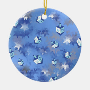 Happy Hanukkah Falling Star and Dreidels Ceramic Ornament