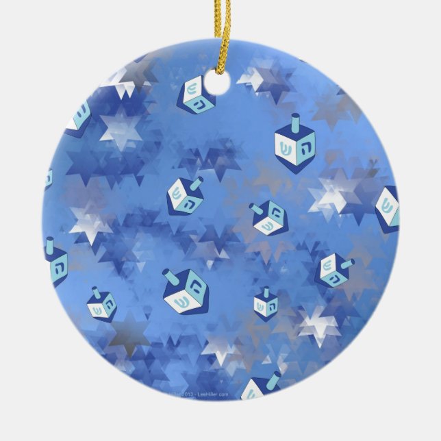 Happy Hanukkah Falling Star and Dreidels Ceramic Ornament (Front)