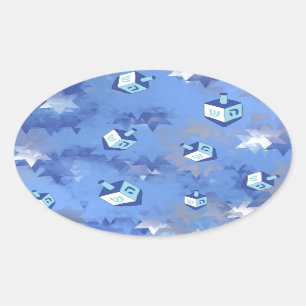 Happy Hanukkah Falling Star and Dreidels Oval Sticker