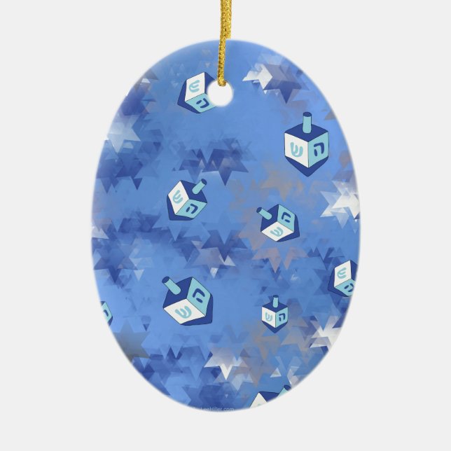Happy Hanukkah Falling Stars and Dreidels Ceramic Tree Decoration (Front)
