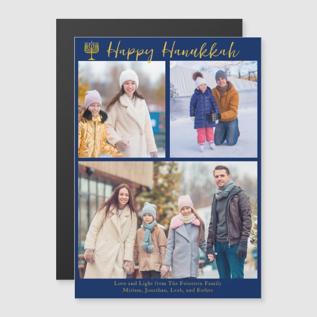 Happy Hanukkah Family 3 Photo Collage Magnet Card (Front/Back)