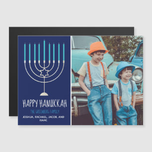 Happy Hanukkah Family Photo Blue Magnetic Card