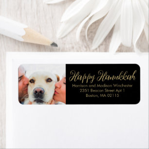 Happy Hanukkah family photo script black gold Return Address Label