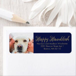 Happy Hanukkah family photo script dark navy blue  Return Address Label