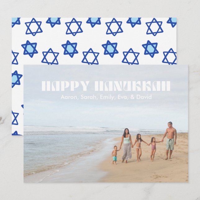 Happy Hanukkah Family Photo Star of David Pattern Holiday Card (Front/Back)