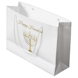 Happy Hanukkah Faux Gold Menorah White Holiday Large Gift Bag
