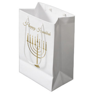 Happy Hanukkah Faux Gold Menorah White Holiday Medium Gift Bag